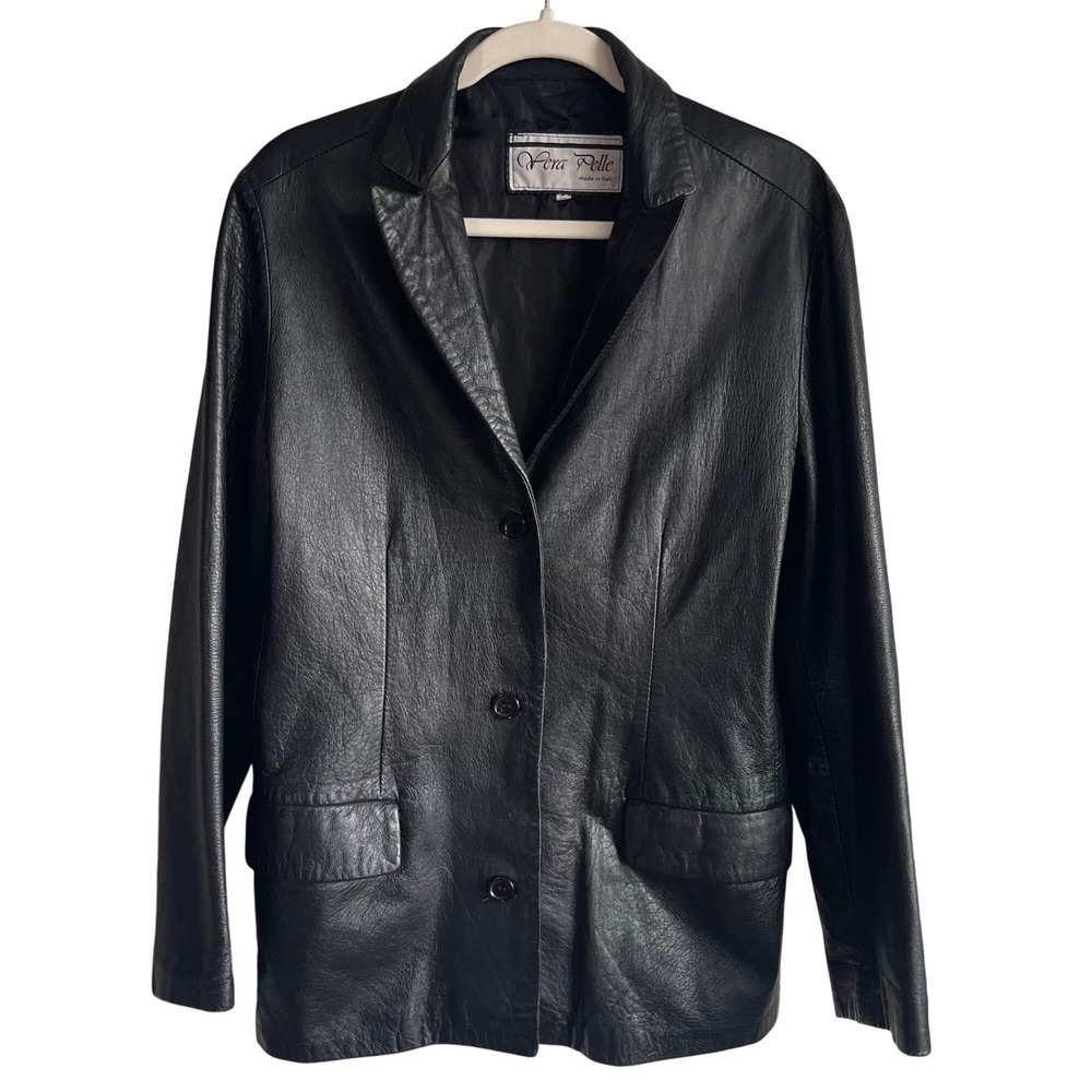 VTG Vera Pelle Italian Leather Blazer 48 Black Soft Pebbled Made in Italy Jacket